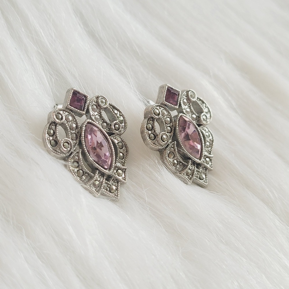 Victorian Rhinestone Earrings Art Deco Regency Boho Marcasite Silver Tone 21086 - Picture 3 of 7